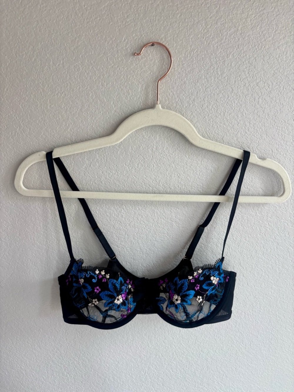 Savage X Fenty Black Sheer Lingerie Bra with Blue & Purple Floral Embroidery